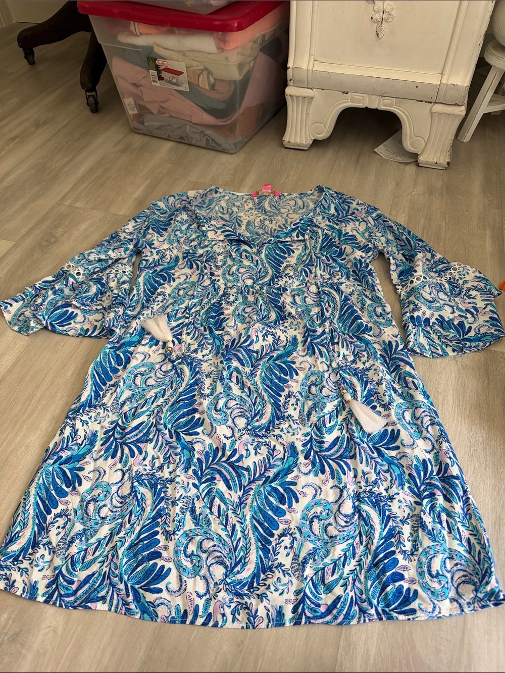 Lilly Pulitzer Blue & White Leaf-Print Long Sleeve Dress size medium